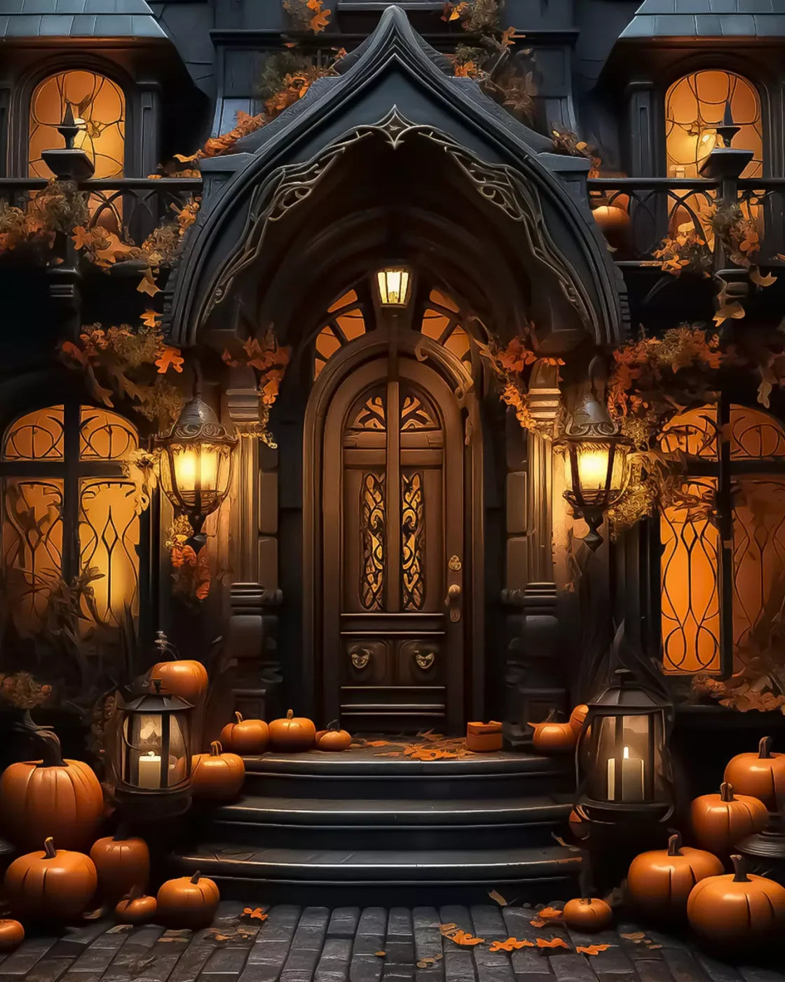 Halloween Door Step I 8’X10’ Fleece (96 X 120 Inch) Backdrop