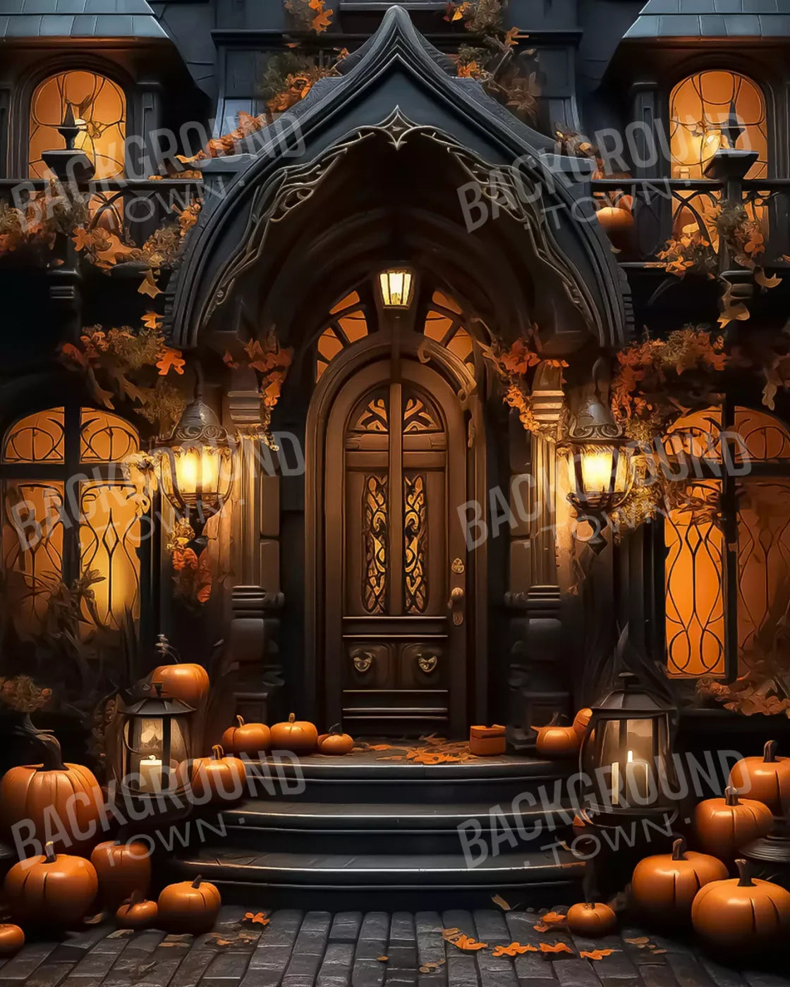 Halloween Door Step I 8’X10’ Fleece (96 X 120 Inch) Backdrop