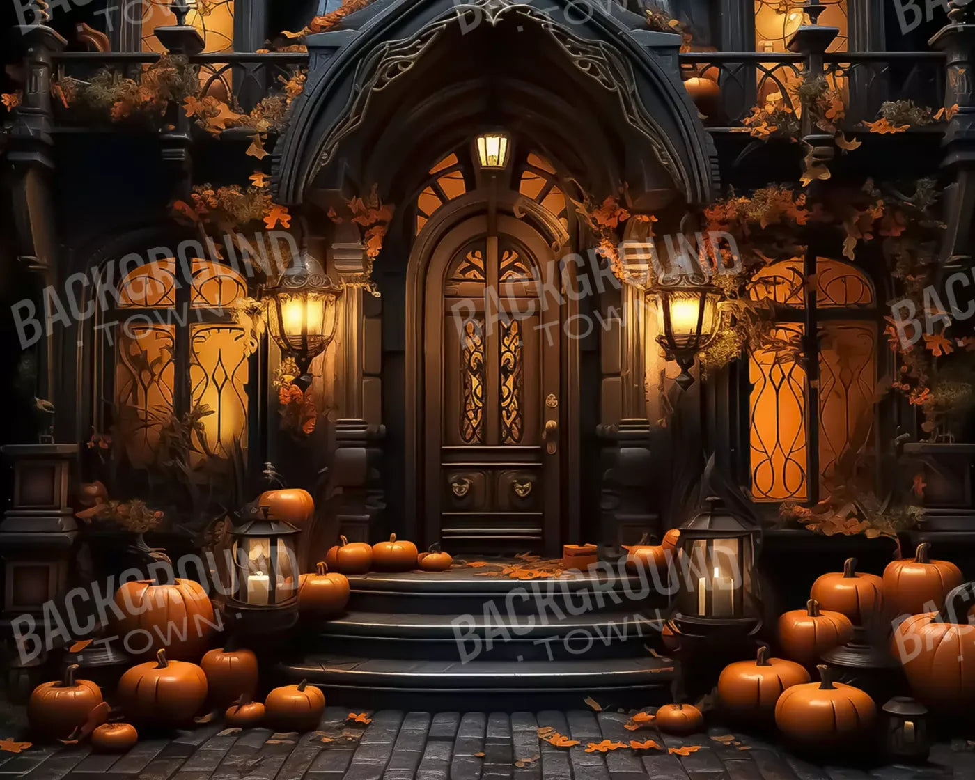 Halloween Door Step Wide 10’X8’ Fleece (120 X 96 Inch) Backdrop