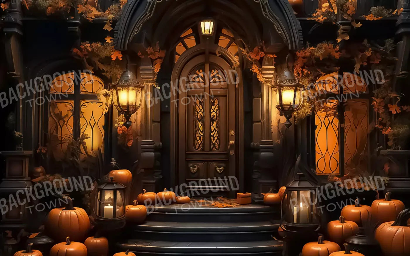 Halloween Door Step Wide 16’X10’ Ultracloth (192 X 120 Inch) Backdrop