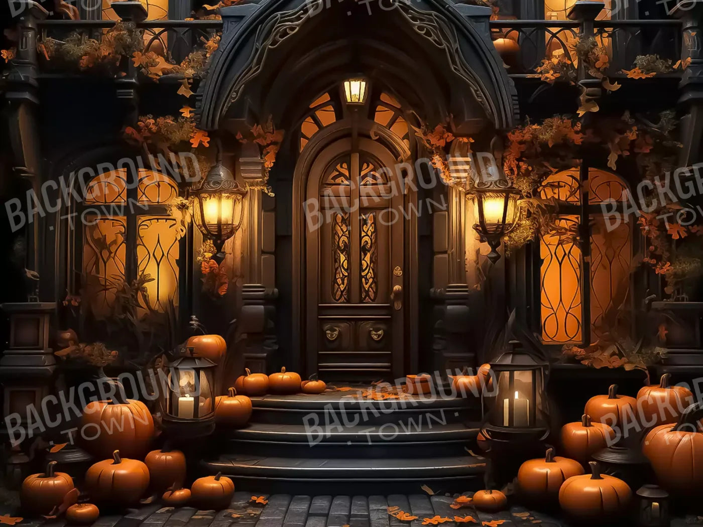 Halloween Door Step Wide 6’8X5’ Fleece (80 X 60 Inch) Backdrop