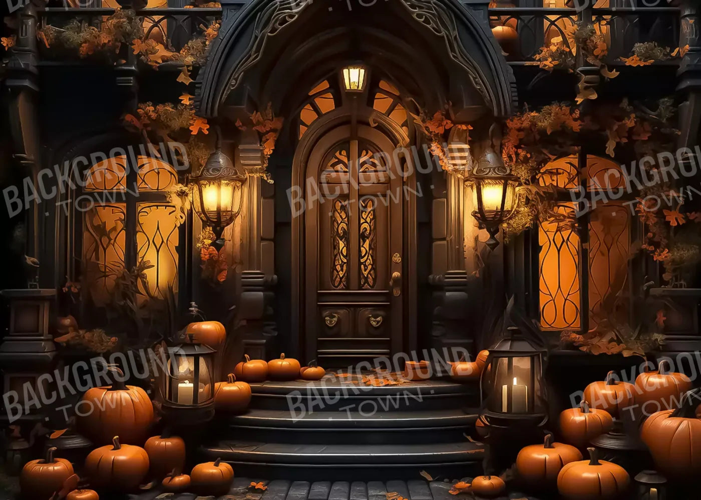 Halloween Door Step Wide 7’X5’ Ultracloth (84 X 60 Inch) Backdrop