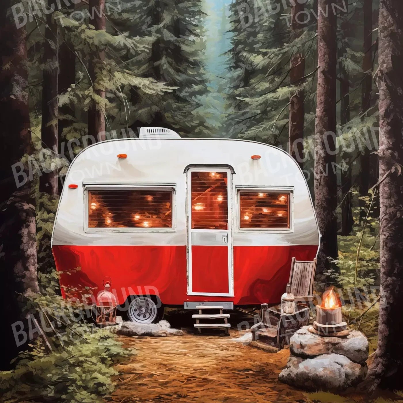 Holiday Camper In Forest 8X8 Fleece ( 96 X Inch ) Backdrop