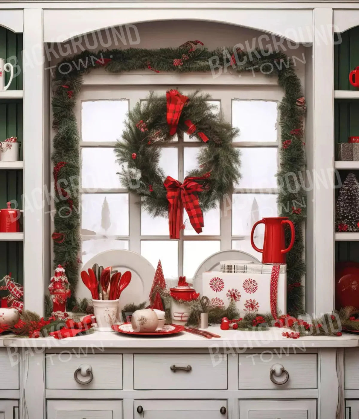 Christmas Kitchen In White 10X12 Ultracloth ( 120 X 144 Inch ) Backdrop