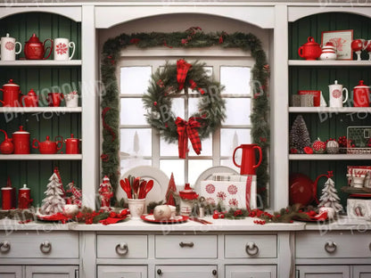 Christmas Kitchen In White 10X8 Fleece ( 120 X 96 Inch ) Backdrop