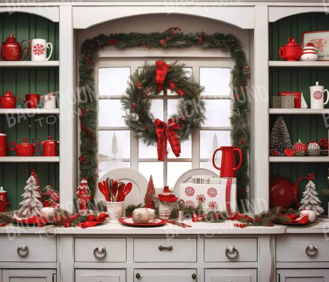 Christmas Kitchen In White 12X10 Ultracloth ( 144 X 120 Inch ) Backdrop