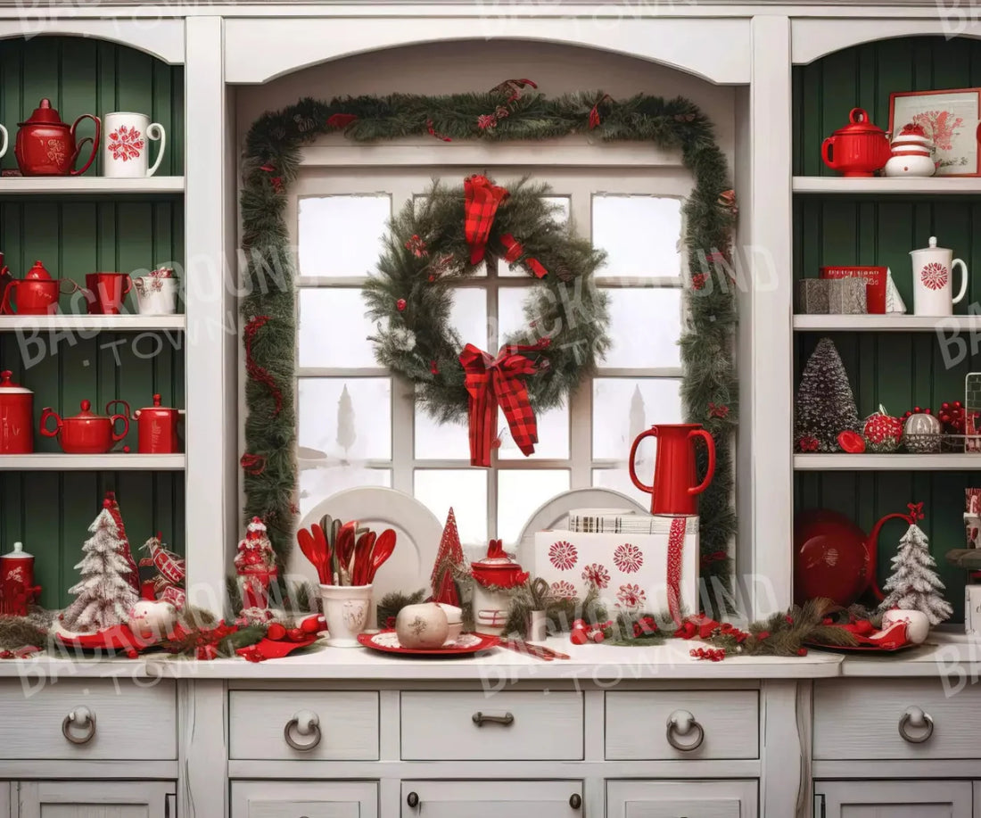 Christmas Kitchen In White 5X42 Fleece ( 60 X 50 Inch ) Backdrop