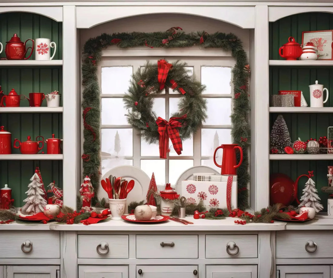 Christmas Kitchen In White 5X42 Fleece ( 60 X 50 Inch ) Backdrop