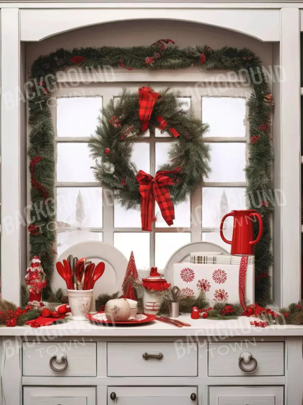 Christmas Kitchen In White 5X7 Ultracloth ( 60 X 84 Inch ) Backdrop