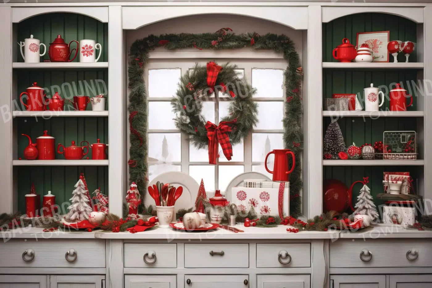 Christmas Kitchen In White 8X5 Ultracloth ( 96 X 60 Inch ) Backdrop