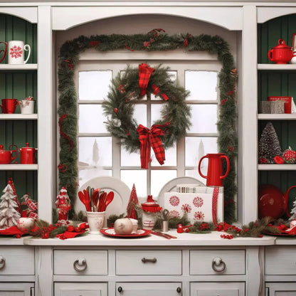 Christmas Kitchen In White 8X8 Fleece ( 96 X Inch ) Backdrop