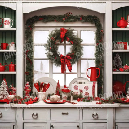 Christmas Kitchen In White 8X8 Fleece ( 96 X Inch ) Backdrop