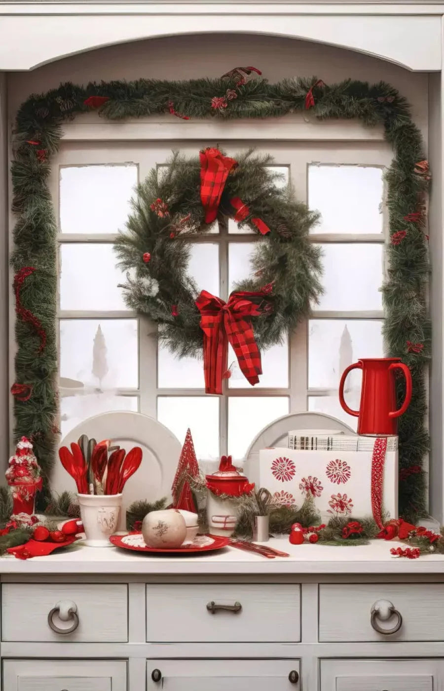 Christmas Kitchen In White 8X12 Ultracloth ( 96 X 144 Inch ) Backdrop