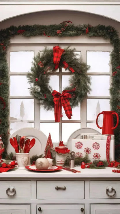 Christmas Kitchen In White 8X14 Ultracloth ( 96 X 168 Inch ) Backdrop