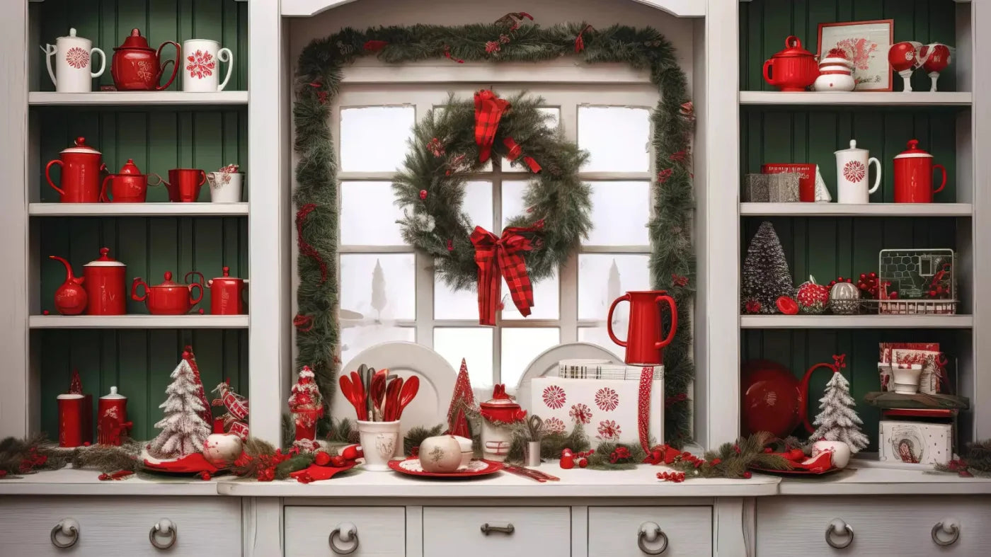 Christmas Kitchen In White 14X8 Ultracloth ( 168 X 96 Inch ) Backdrop