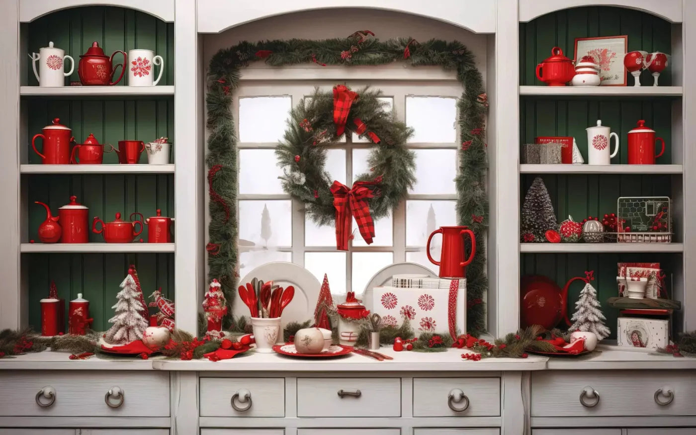 Christmas Kitchen In White 14X9 Ultracloth ( 168 X 108 Inch ) Backdrop