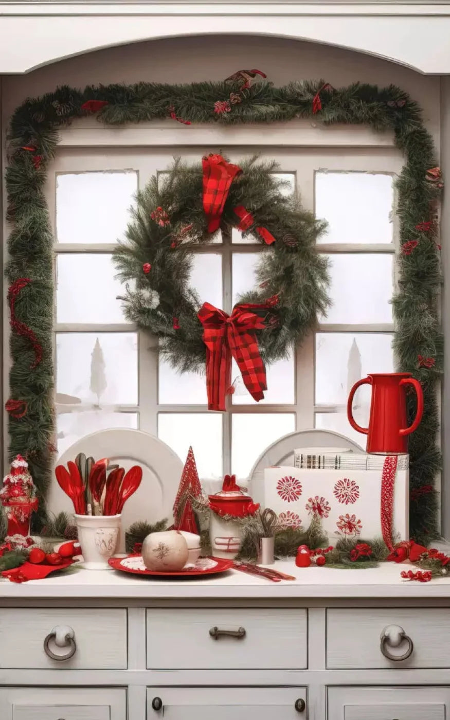 Christmas Kitchen In White 9X14 Ultracloth ( 108 X 168 Inch ) Backdrop