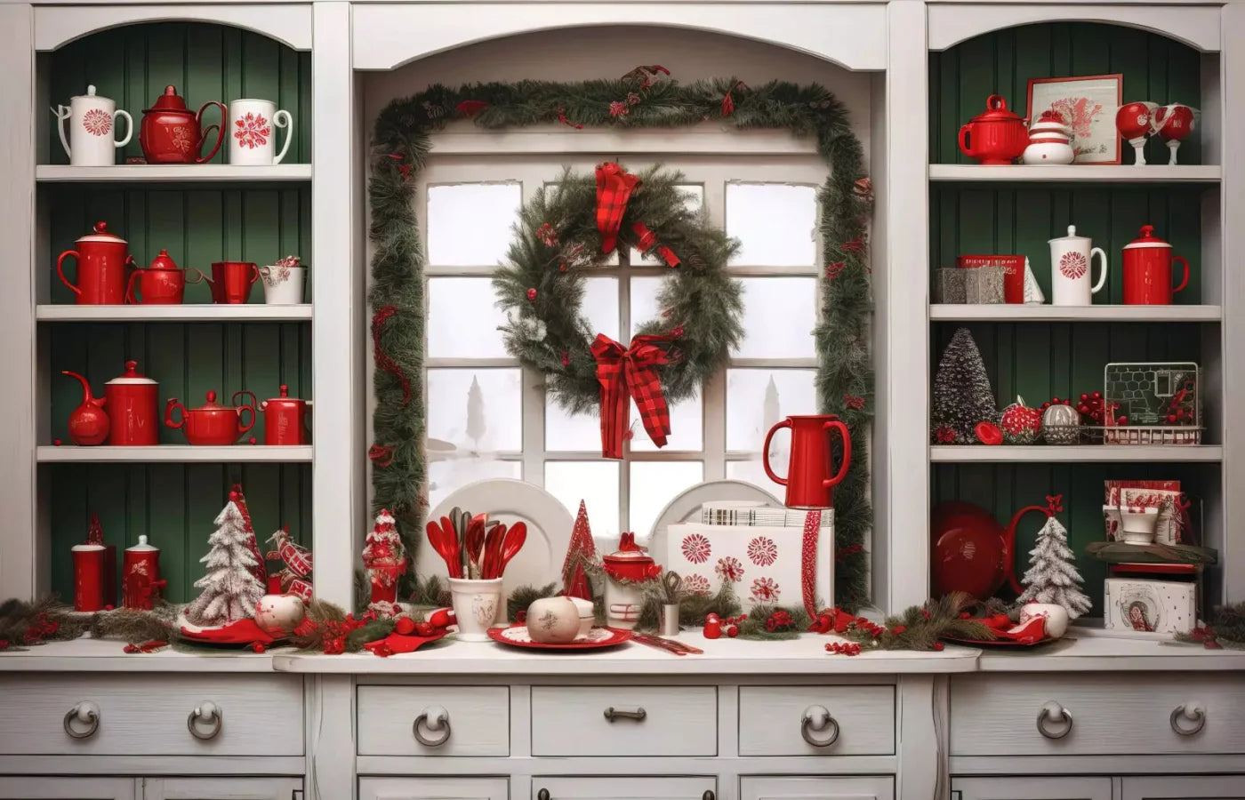 Christmas Kitchen In White 12X8 Ultracloth ( 144 X 96 Inch ) Backdrop