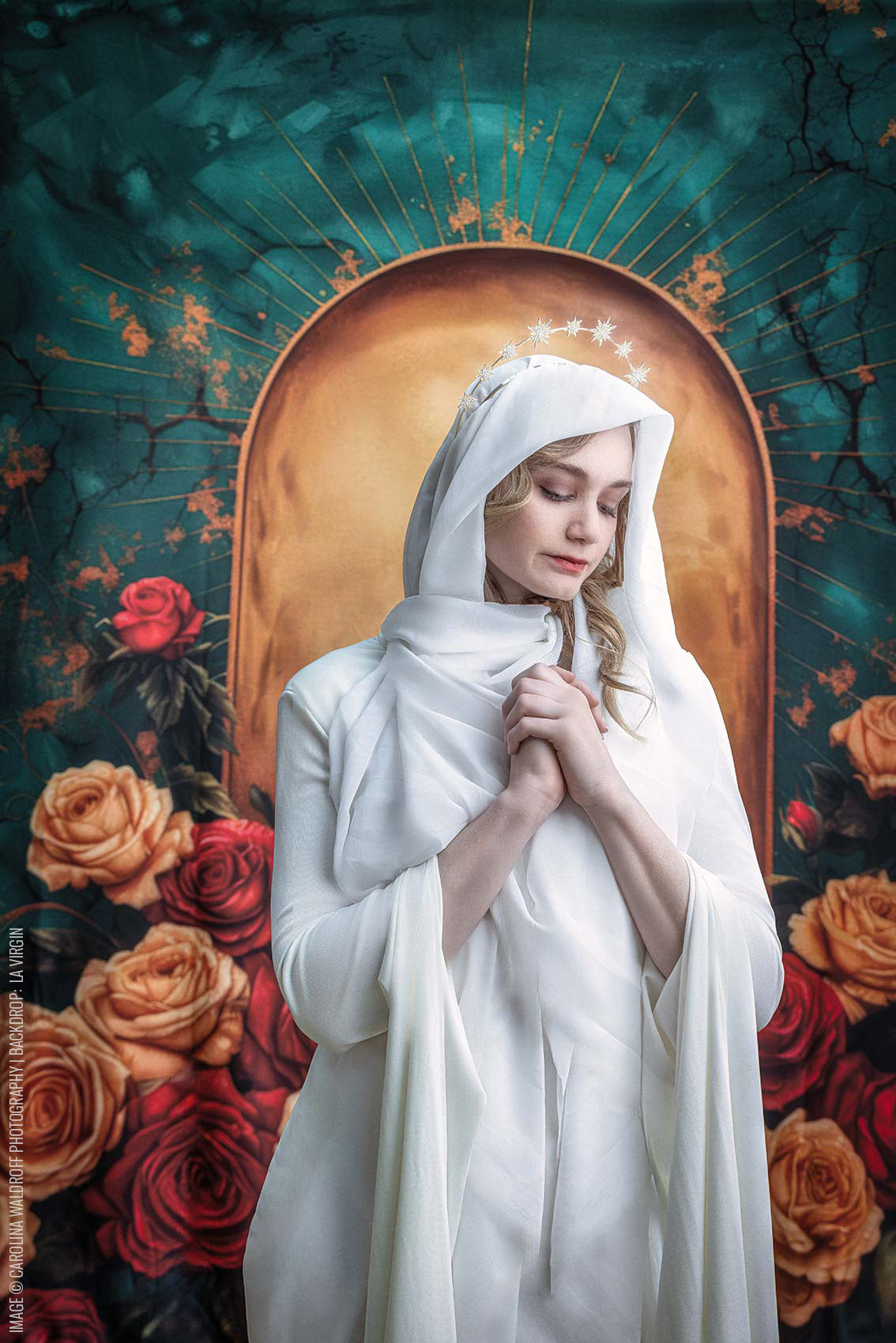 A striking portrait with the La Virgin photography backdrop, adding boldness to a diverse studio portfolio.