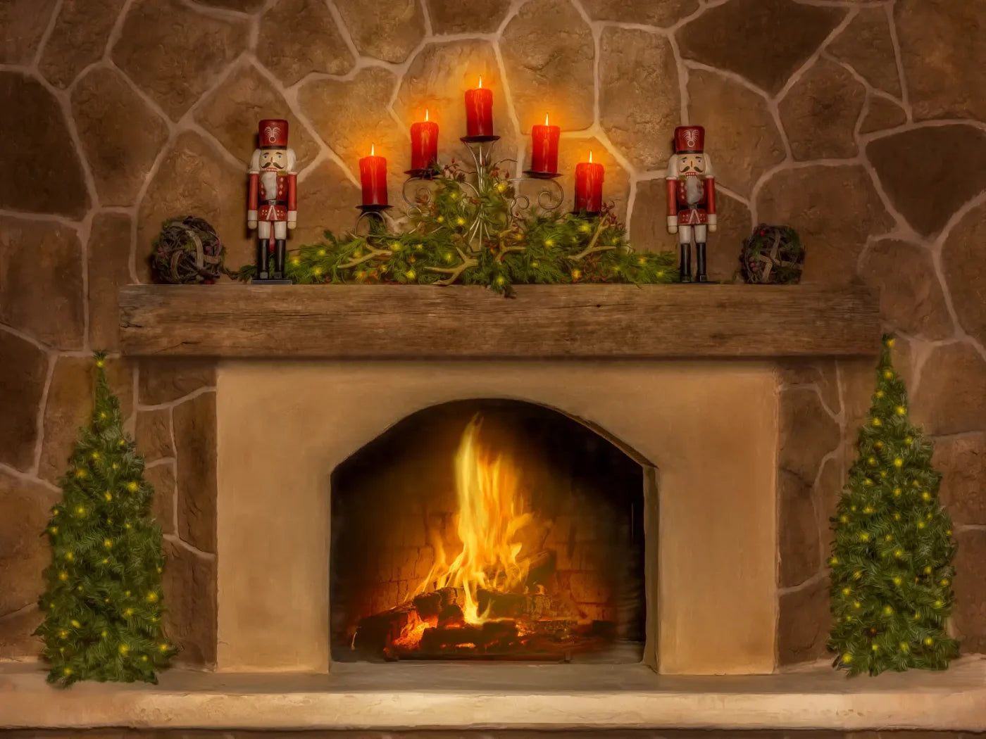 Magic of Santa Flagstone Fire Place 8’x6’ Fleece (96 x 72 inch) Backdrop