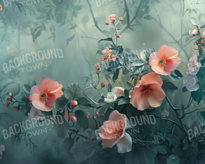 Moody Blue With Peach Floral Blossoms 10’x8’ Fleece (120 x 96 inch) Backdrop