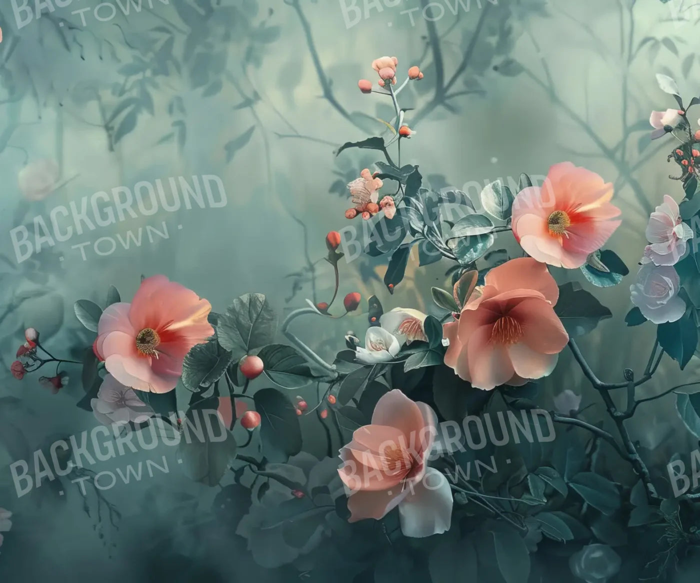 Moody Blue With Peach Floral Blossoms 12’x10’ UltraCloth (144 x 120 inch) Backdrop