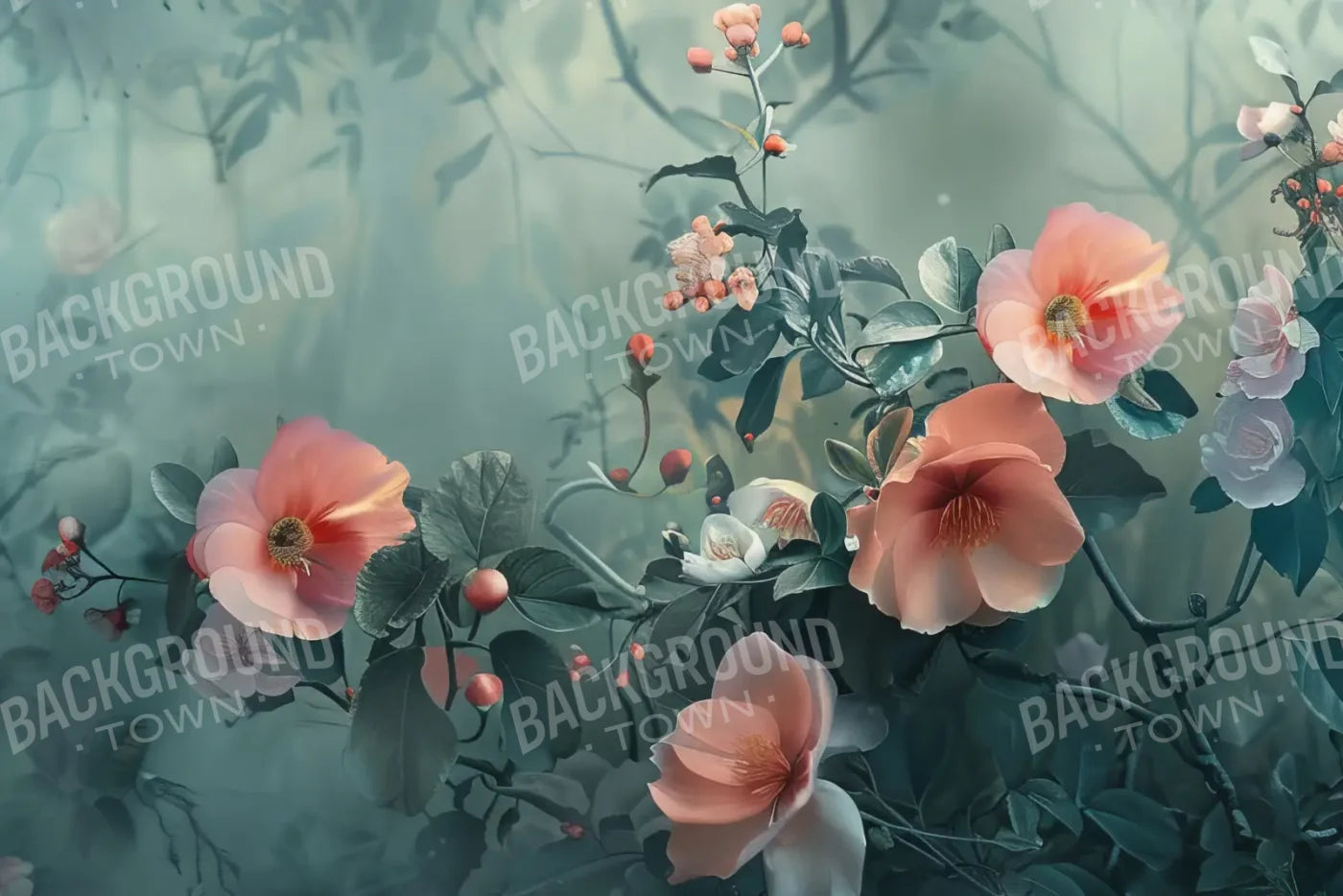 Moody Blue With Peach Floral Blossoms 12’x8’ UltraCloth (144 x 96 inch) Backdrop