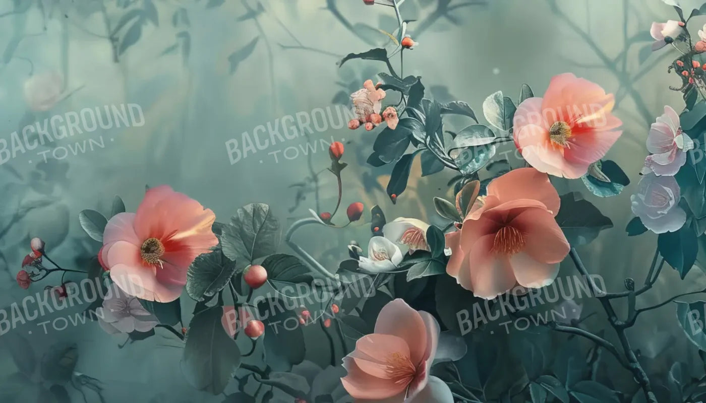 Moody Blue With Peach Floral Blossoms 14’x8’ UltraCloth (168 x 96 inch) Backdrop