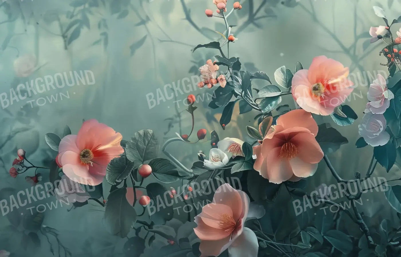 Moody Blue With Peach Floral Blossoms 14’x9’ UltraCloth (168 x 108 inch) Backdrop