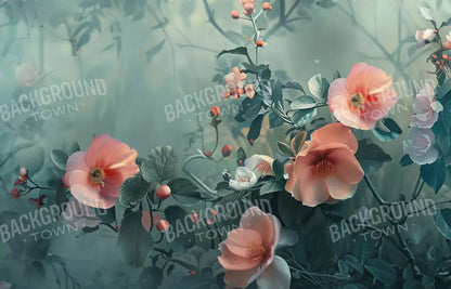 Moody Blue With Peach Floral Blossoms 14’x9’ UltraCloth (168 x 108 inch) Backdrop