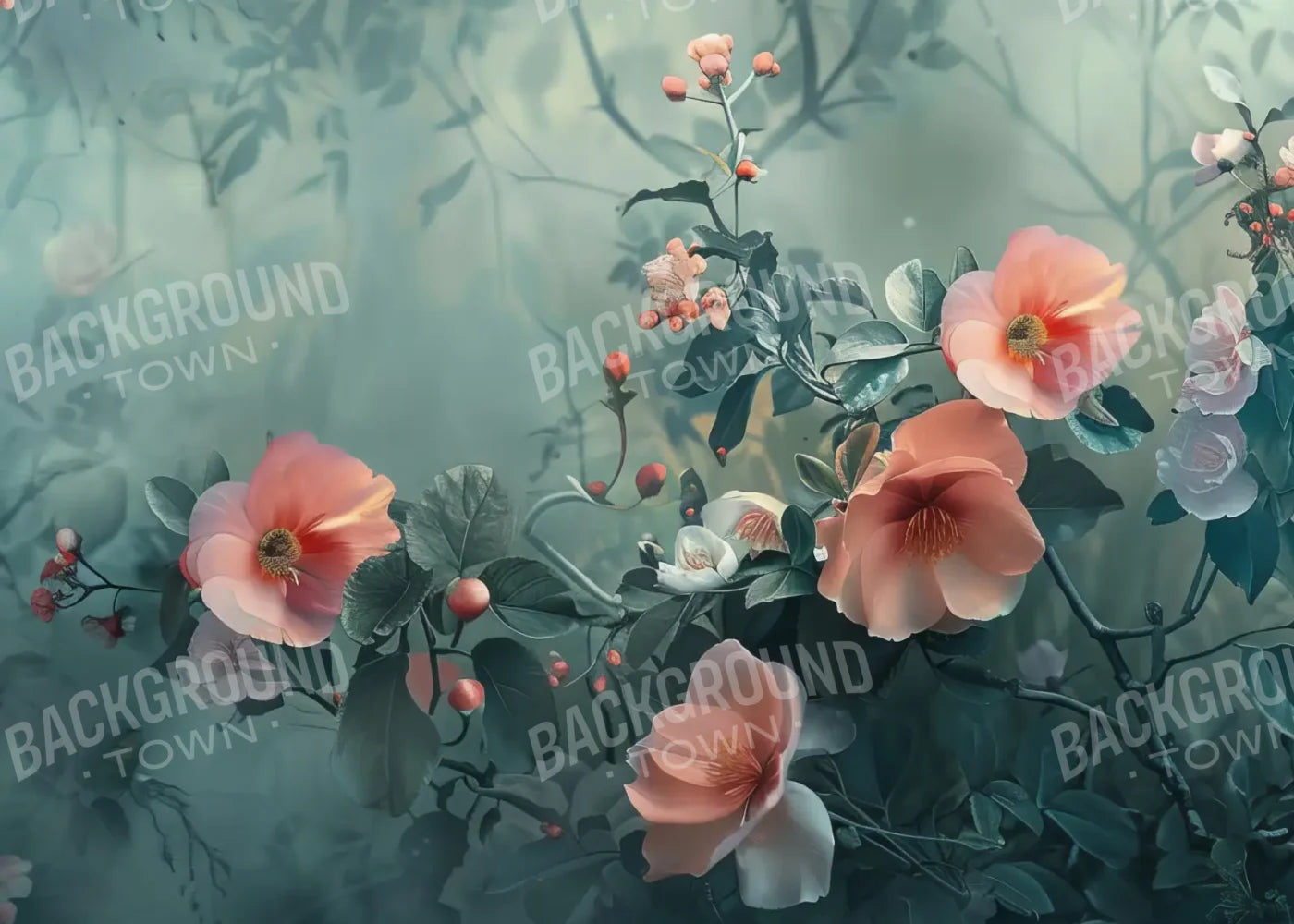 Moody Blue With Peach Floral Blossoms 7’x5’ UltraCloth (84 x 60 inch) Backdrop