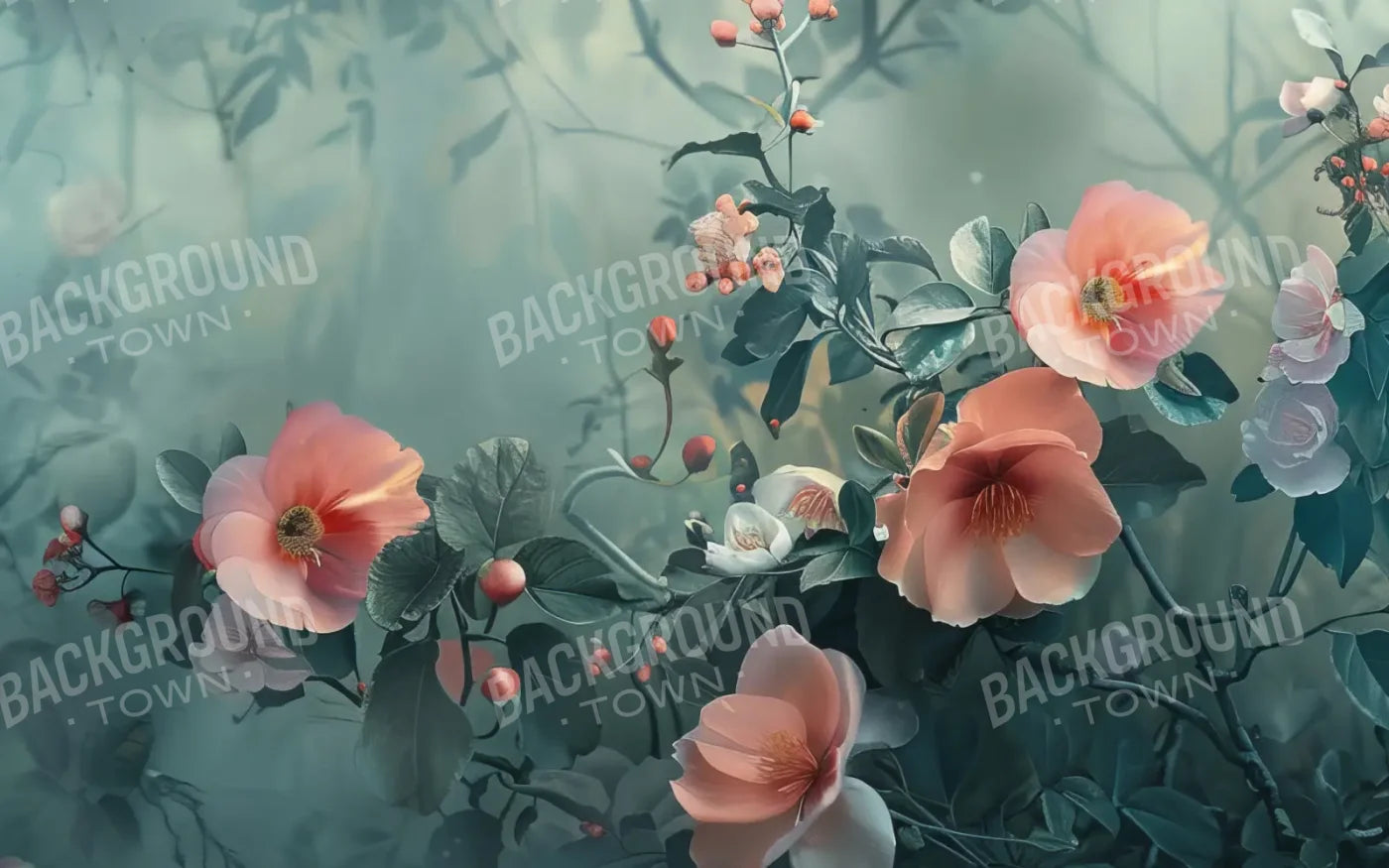 Moody Blue With Peach Floral Blossoms 8’x5’ UltraCloth (96 x 60 inch) Backdrop