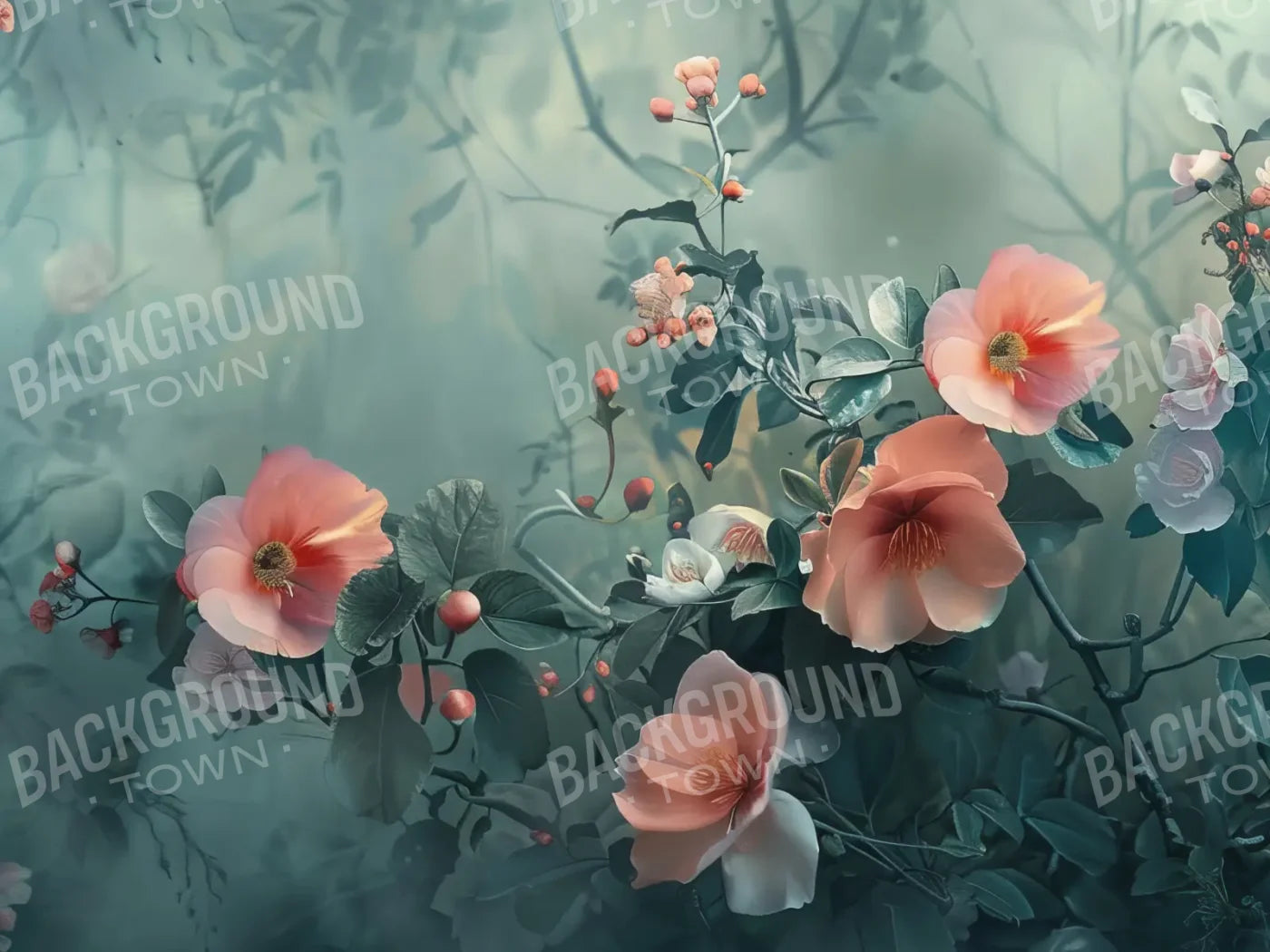 Moody Blue With Peach Floral Blossoms 8’x6’ Fleece (96 x 72 inch) Backdrop