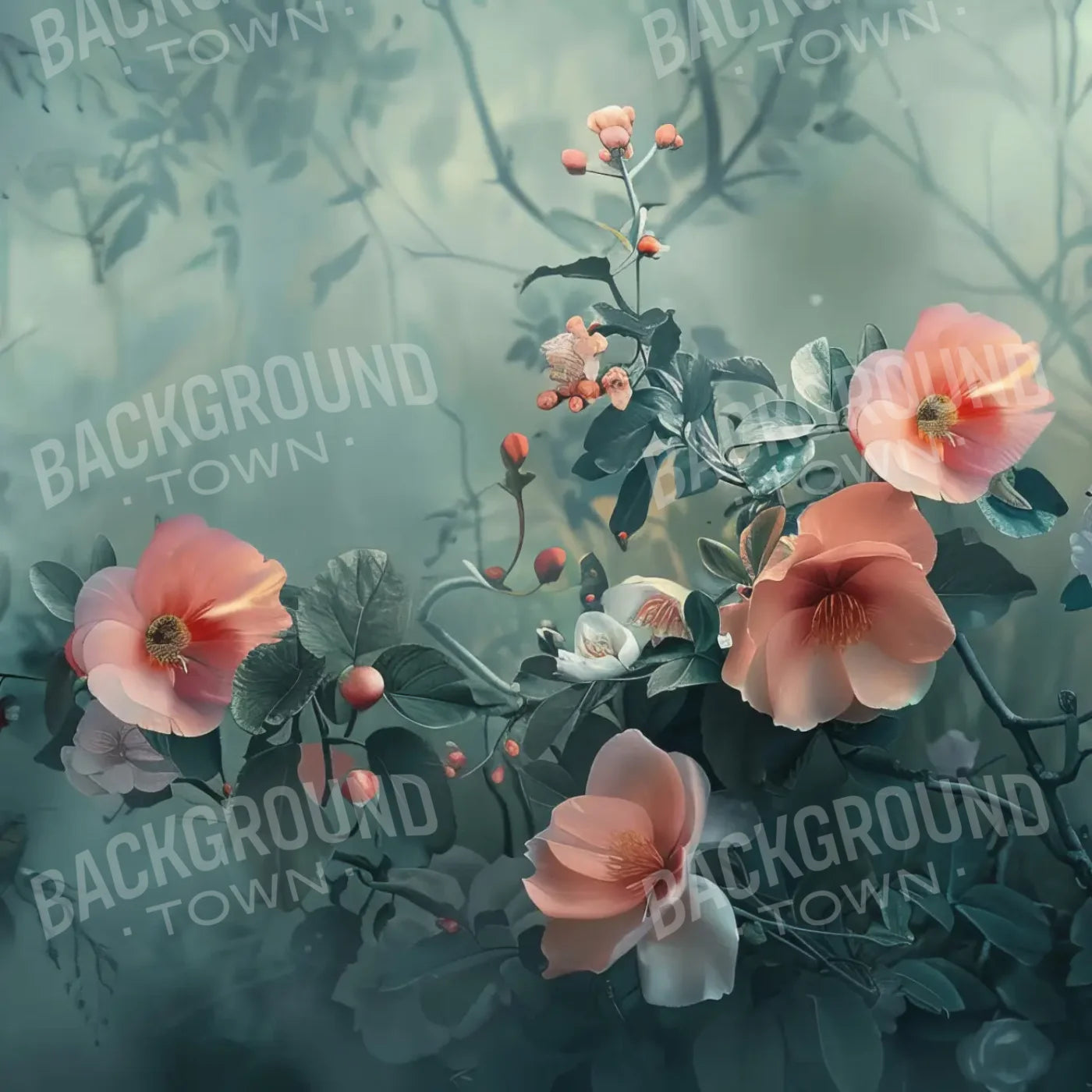 Moody Blue With Peach Floral Blossoms 8’x8’ Fleece (96 x 96 inch) Backdrop