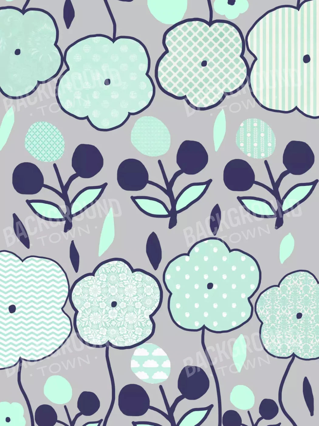 Navy Mint Floral 5X7 Ultracloth ( 60 X 84 Inch ) Backdrop