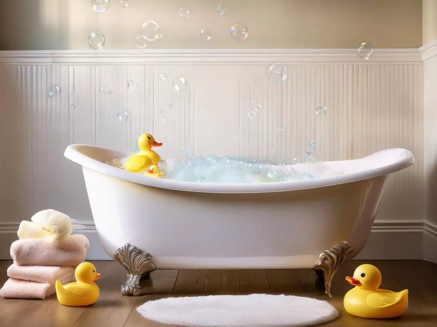 Neutral Rubber Duckie Bath 8’X6’ Fleece (96 X 72 Inch) Backdrop