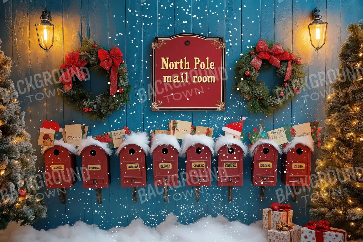 North Pole Mail Room Wall 12’X8’ Ultracloth (144 X 96 Inch) Backdrop