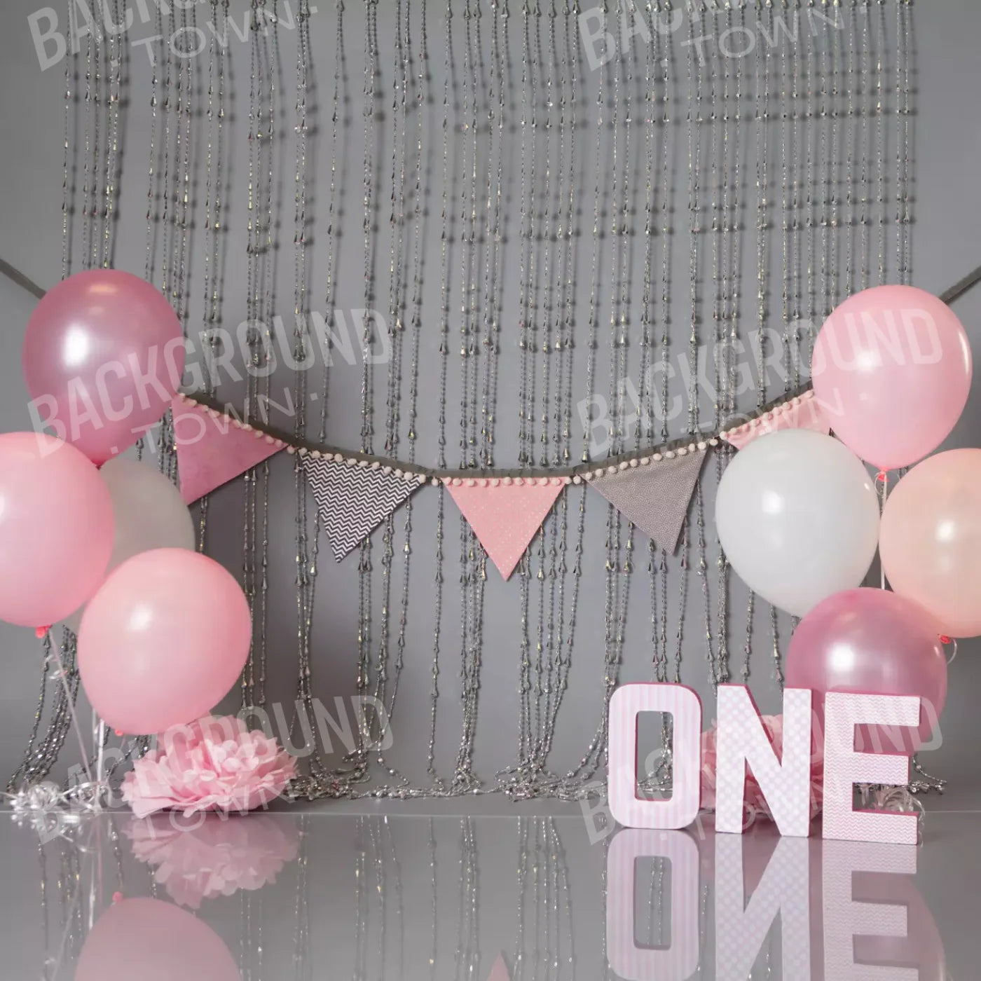 One Silver Pink Birthday 8X8 Fleece ( 96 X Inch ) Backdrop