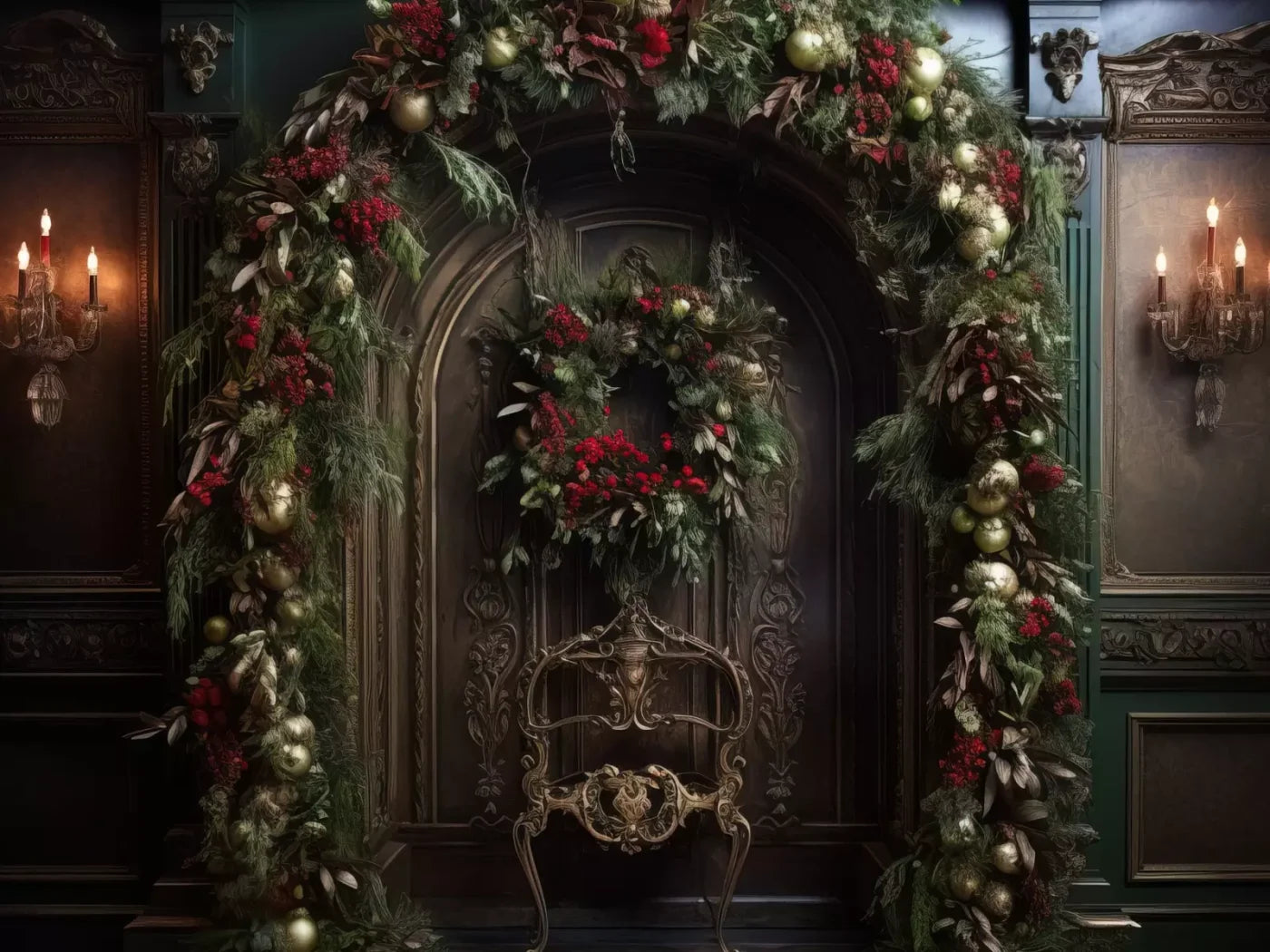 Ornate Christmas Arch 6’8X5’ Fleece (80 X 60 Inch) Backdrop