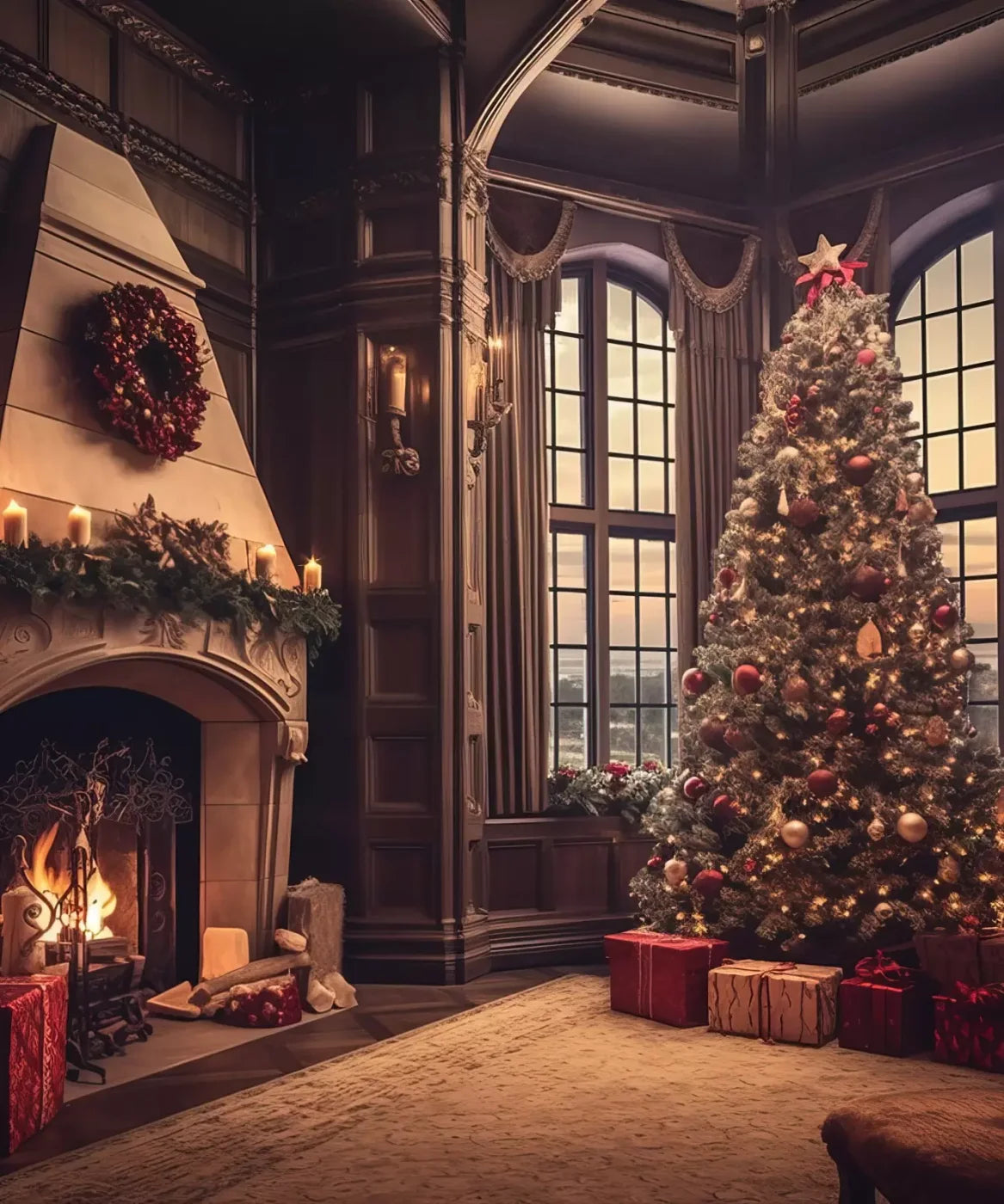 Ornate Christmas Livingroom 10’X12’ Ultracloth (120 X 144 Inch) Backdrop