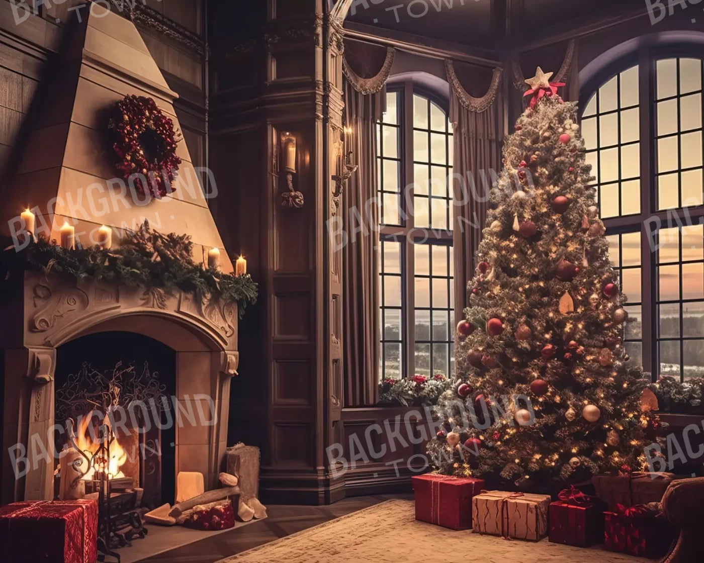 Ornate Christmas Livingroom 10’X8’ Fleece (120 X 96 Inch) Backdrop