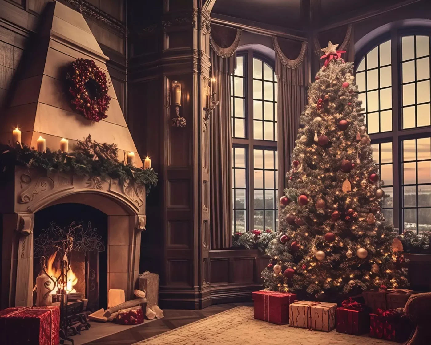 Ornate Christmas Livingroom 10’X8’ Fleece (120 X 96 Inch) Backdrop