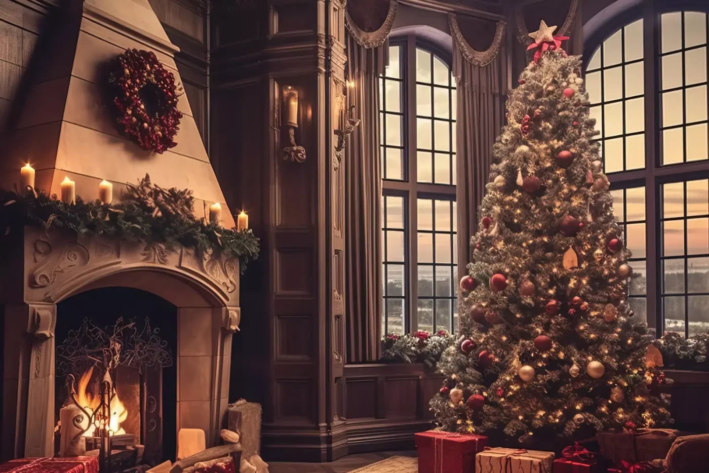 Ornate Christmas Livingroom 12’X8’ Ultracloth (144 X 96 Inch) Backdrop