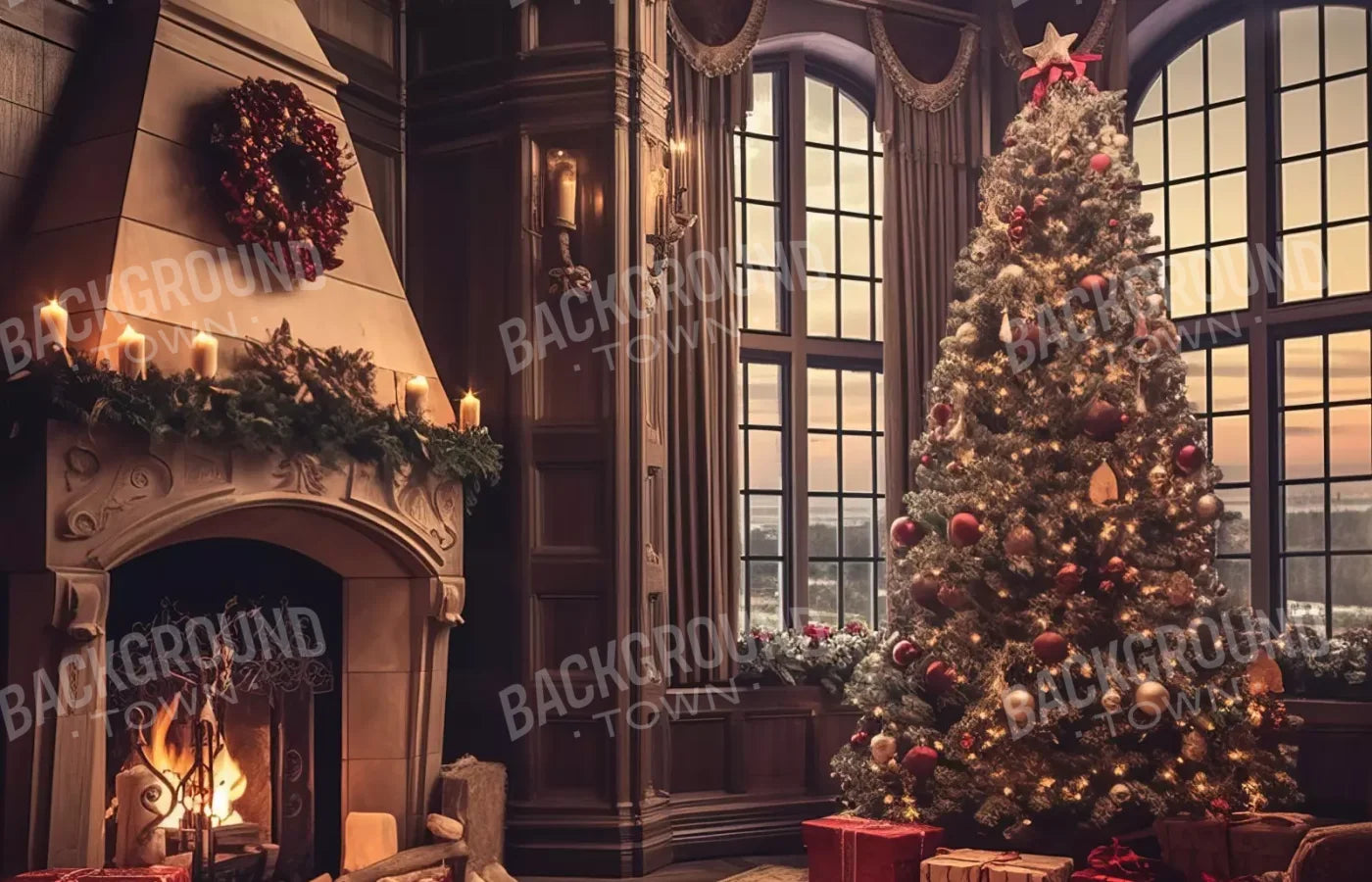 Ornate Christmas Livingroom 14’X9’ Ultracloth (168 X 108 Inch) Backdrop