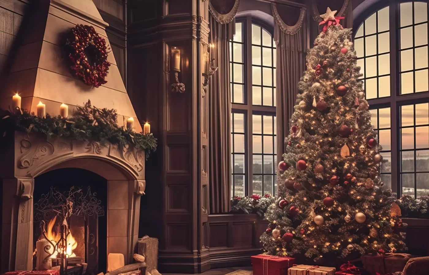 Ornate Christmas Livingroom 14’X9’ Ultracloth (168 X 108 Inch) Backdrop