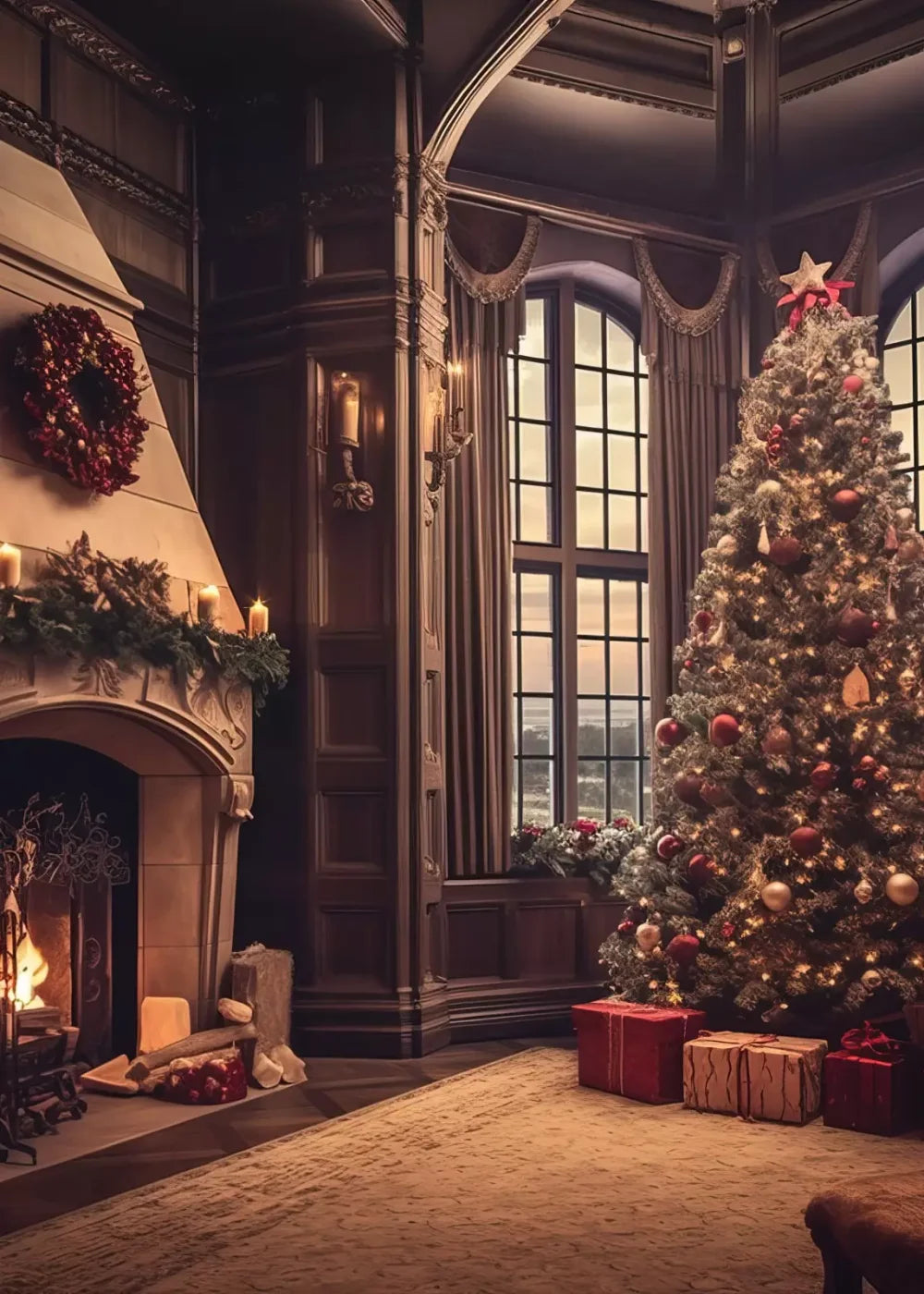 Ornate Christmas Livingroom 5’X7’ Ultracloth (60 X 84 Inch) Backdrop