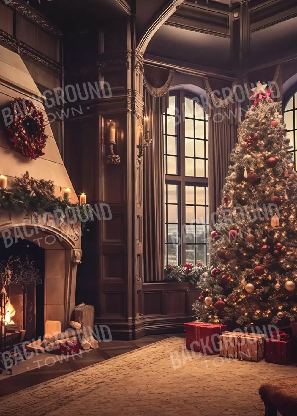 Ornate Christmas Livingroom 5’X7’ Ultracloth (60 X 84 Inch) Backdrop