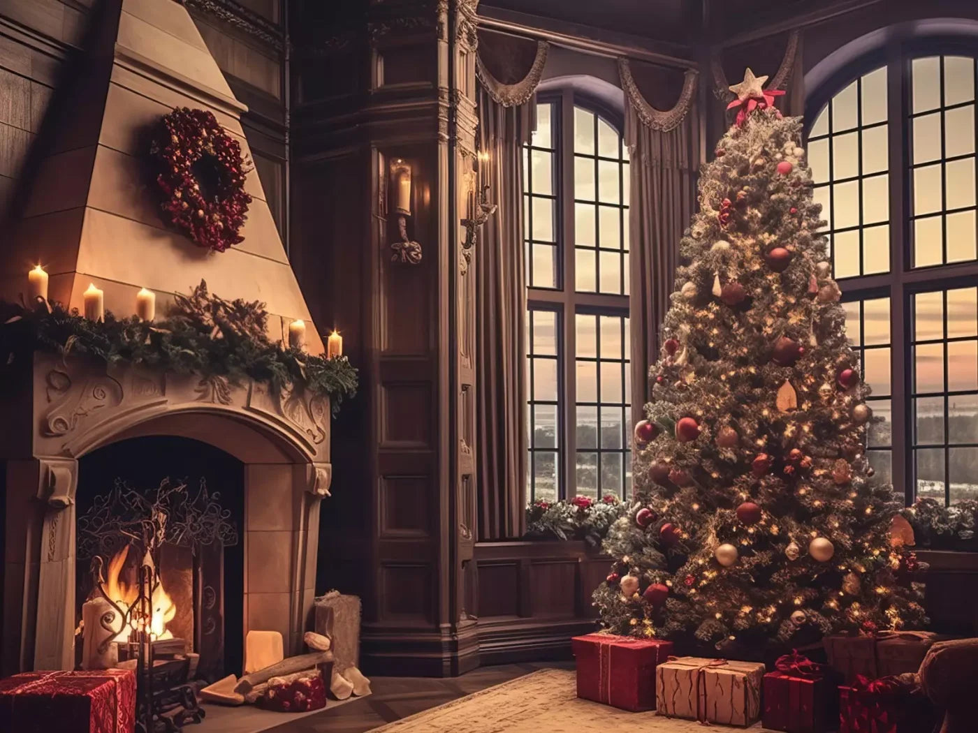 Ornate Christmas Livingroom 6’8X5’ Fleece (80 X 60 Inch) Backdrop