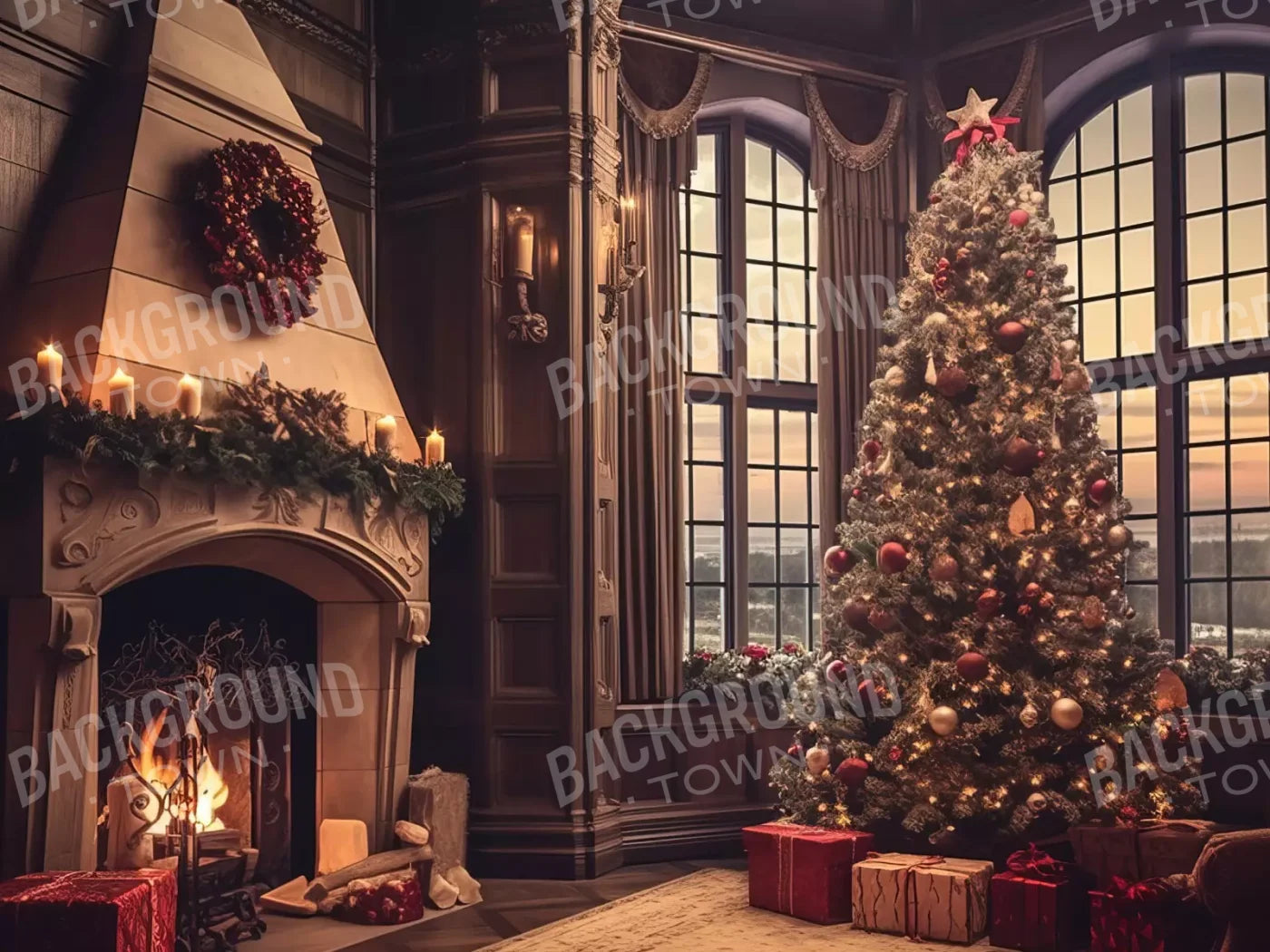 Ornate Christmas Livingroom 6’8X5’ Fleece (80 X 60 Inch) Backdrop