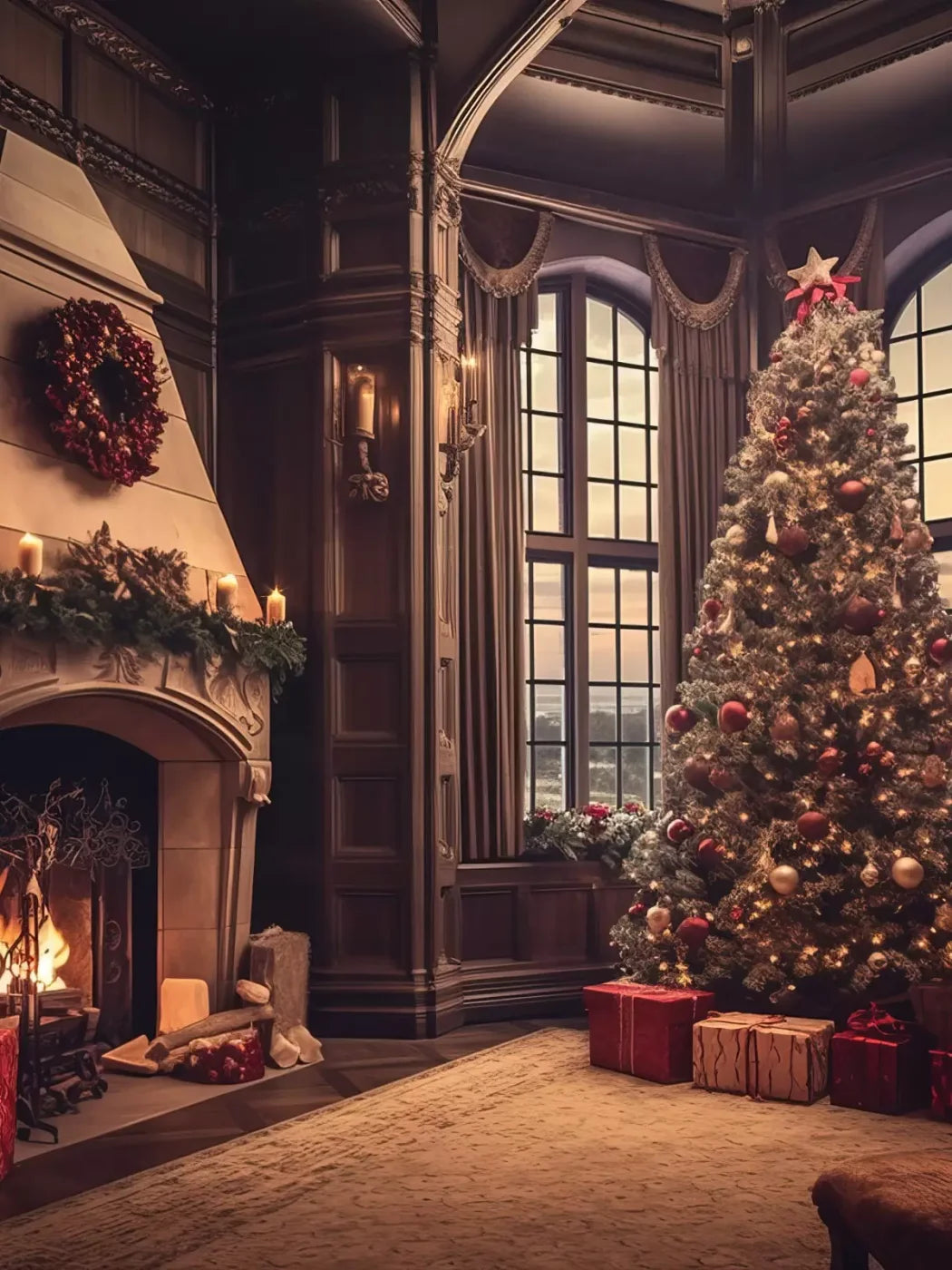 Ornate Christmas Livingroom 6’X8’ Fleece (72 X 96 Inch) Backdrop